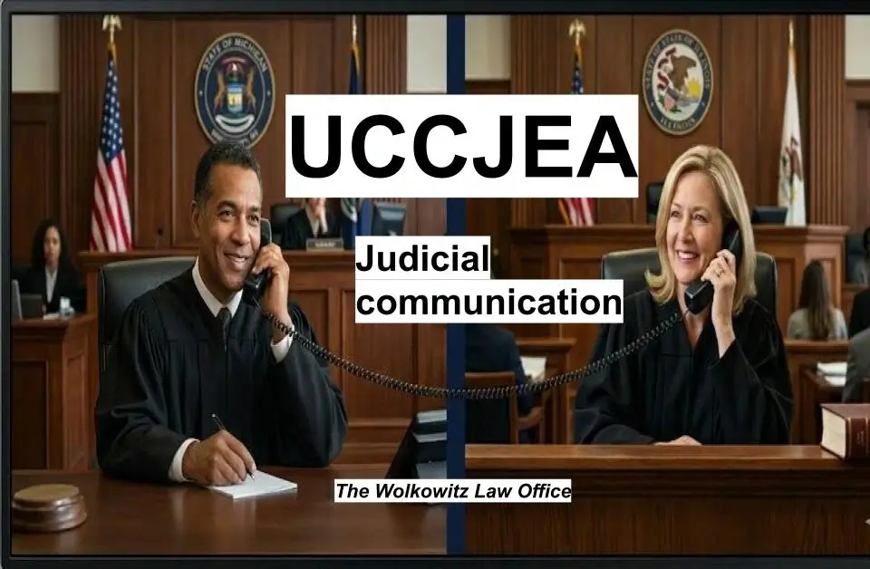 Illustration of Judges on a UCCJEA teleconference engaged in UCCJEA judicial communication